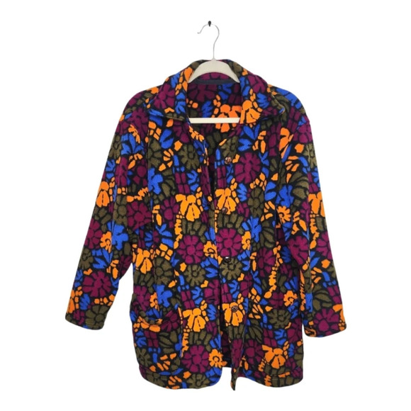 Fleece Floral Button Up Jacket Orange Purple Size XL - Picture 1 of 10